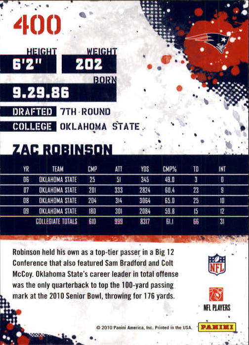 2010 Score #400 Zac Robinson RC back image