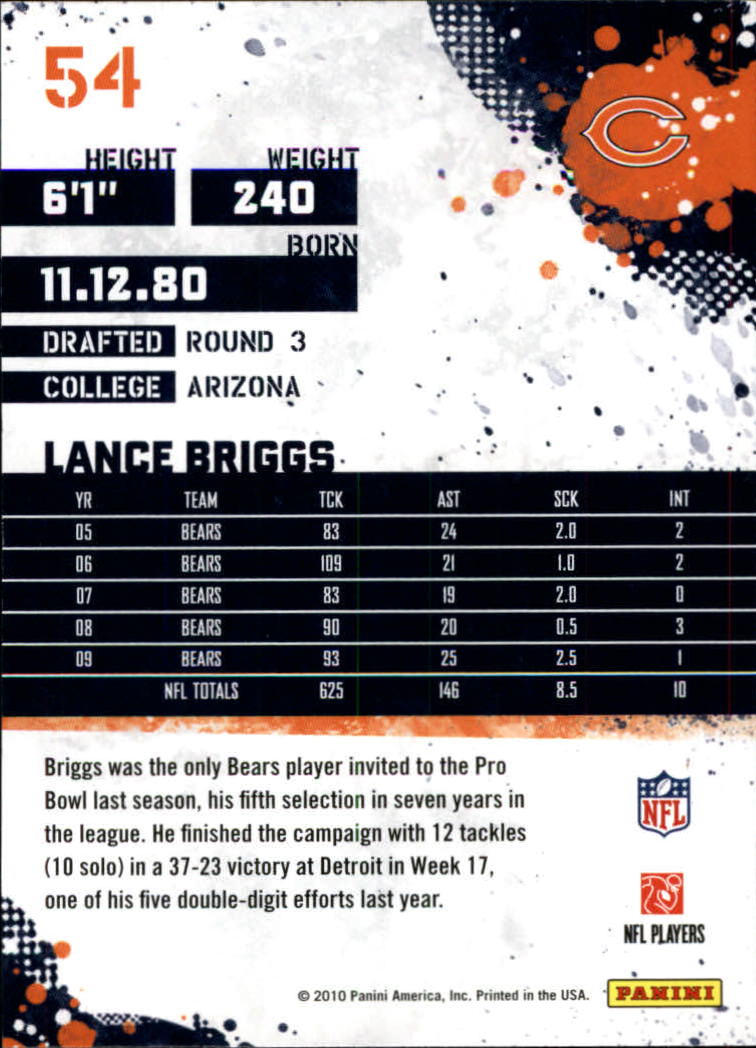 2010 Score Glossy #54 Lance Briggs back image