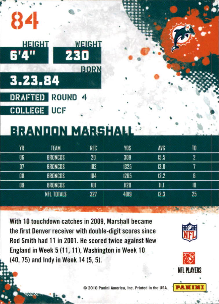 2010 Score Glossy #84 Brandon Marshall back image
