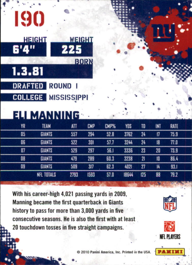 2010 Score Glossy #190 Eli Manning back image