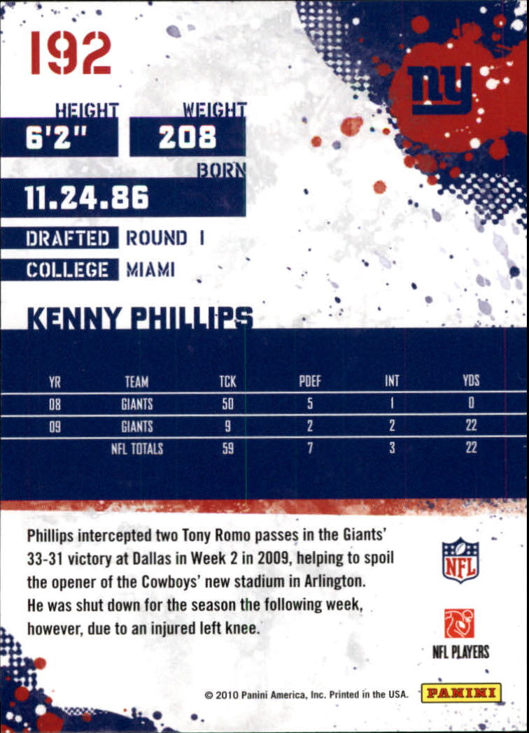 2010 Score Glossy #192 Kenny Phillips back image