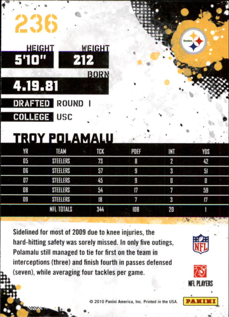2010 Score Glossy #236 Troy Polamalu back image