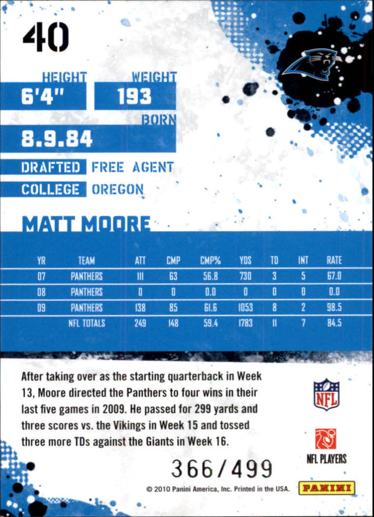 2010 Score Scorecard #40 Matt Moore back image