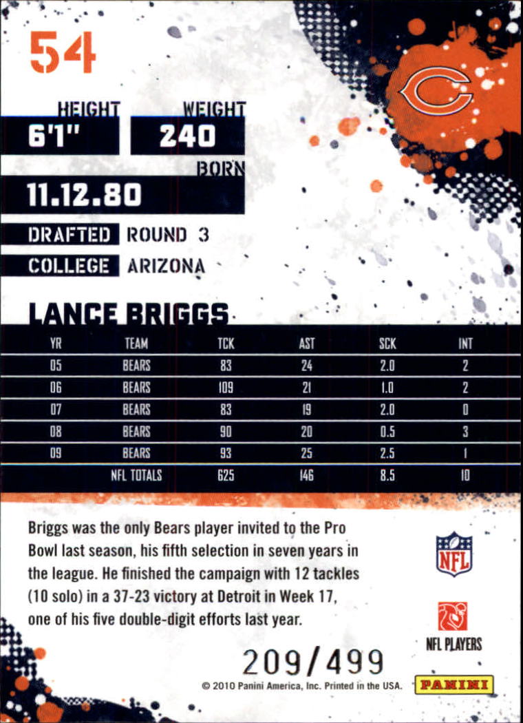 2010 Score Scorecard #54 Lance Briggs back image