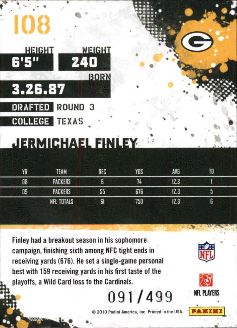 2010 Score Scorecard #108 Jermichael Finley back image