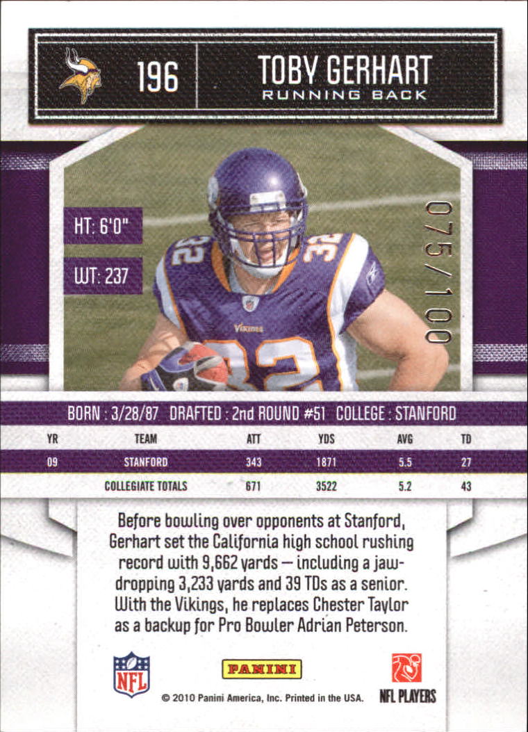 2010 Classics Timeless Tributes Silver #196 Toby Gerhart back image