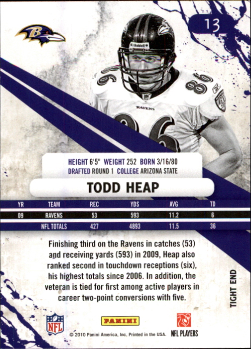 2010 Rookies and Stars #13 Todd Heap back image