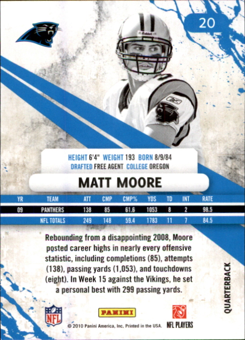 2010 Rookies and Stars #20 Matt Moore back image