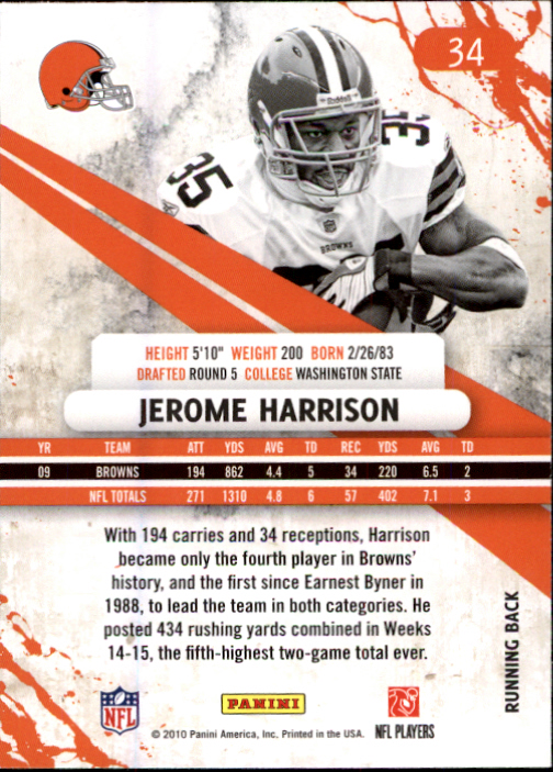 2010 Rookies and Stars #34 Jerome Harrison back image