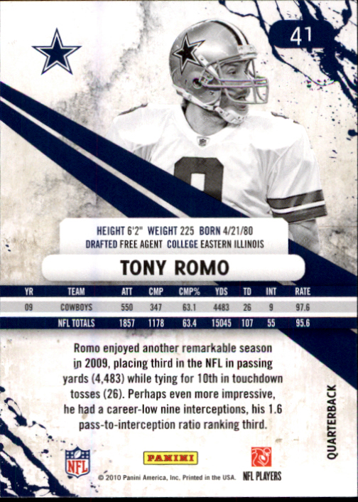 2010 Rookies and Stars #41 Tony Romo back image
