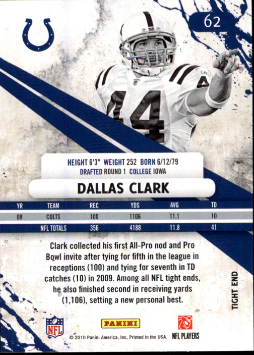 2010 Rookies and Stars #62 Dallas Clark back image