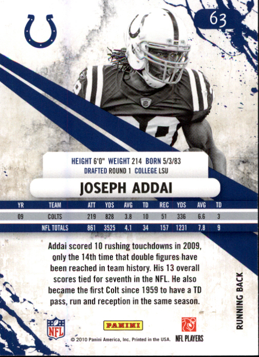 2010 Rookies and Stars #63 Joseph Addai back image