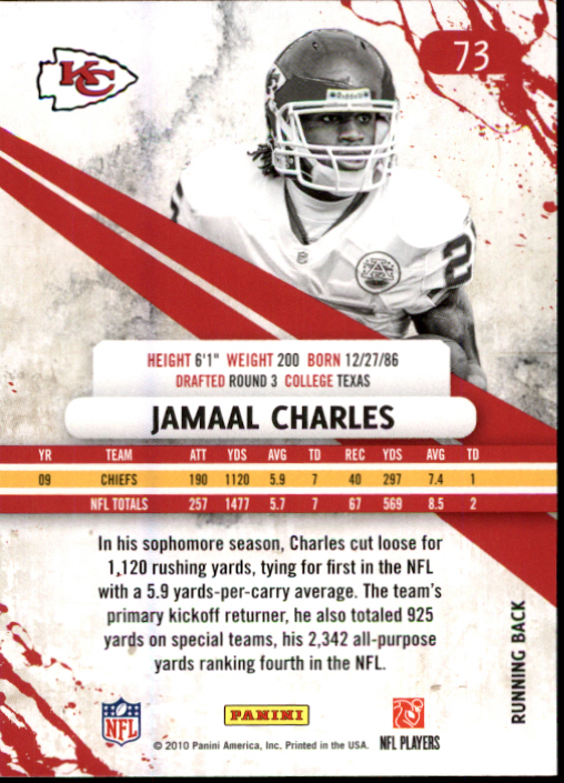 2010 Rookies and Stars #73 Jamaal Charles back image