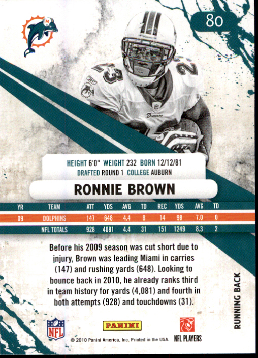 2010 Rookies and Stars #80 Ronnie Brown back image