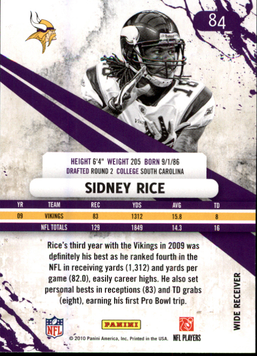 2010 Rookies and Stars #84 Sidney Rice back image