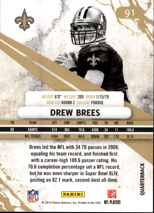 2010 Rookies and Stars #91 Drew Brees back image
