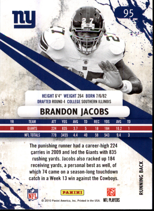 2010 Rookies and Stars #95 Brandon Jacobs back image
