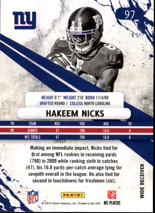 2010 Rookies and Stars #97 Hakeem Nicks back image