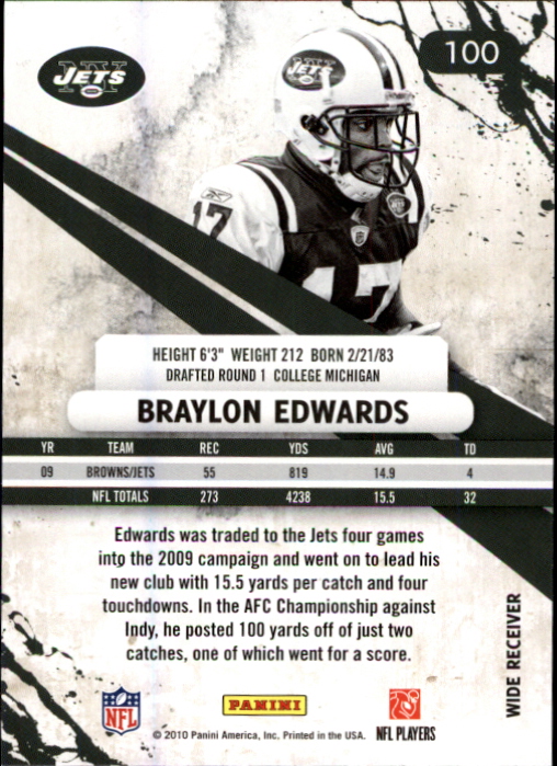 2010 Rookies and Stars #100 Braylon Edwards back image