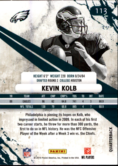 2010 Rookies and Stars #113 Kevin Kolb back image