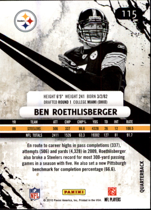 2010 Rookies and Stars #115 Ben Roethlisberger back image