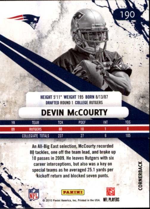 2010 Rookies and Stars #190 Devin McCourty RC back image