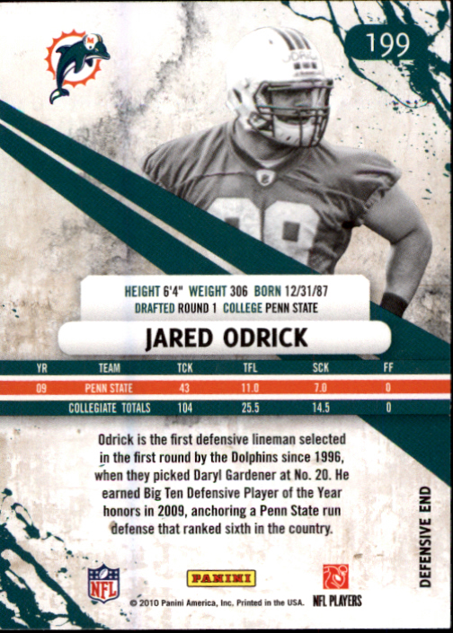 2010 Rookies and Stars #199 Jared Odrick RC back image