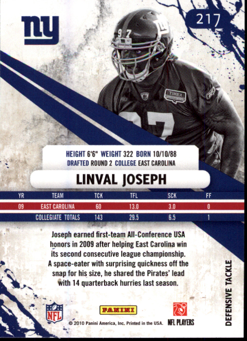 2010 Rookies and Stars #217 Linval Joseph RC back image