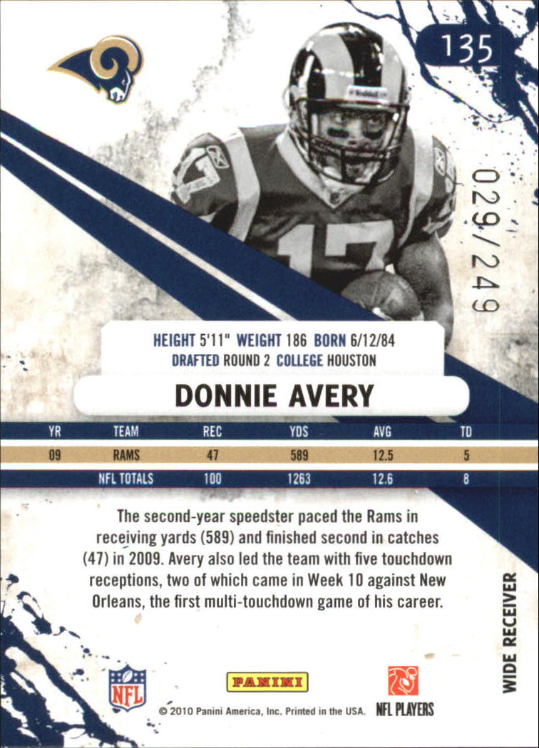2010 Rookies and Stars Longevity Parallel Silver #135 Donnie Avery back image