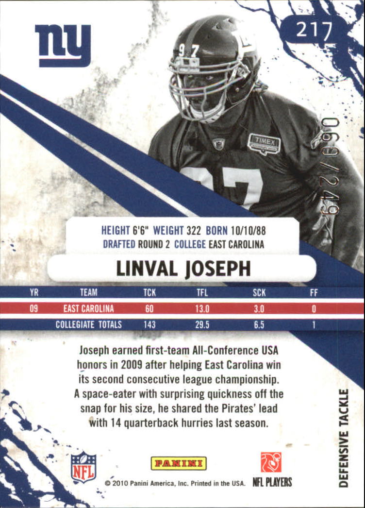 2010 Rookies and Stars Longevity Parallel Silver #217 Linval Joseph back image