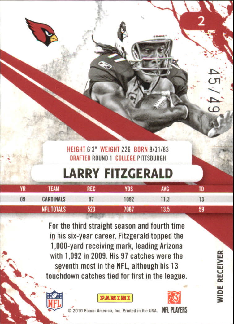 2010 Rookies and Stars Longevity Parallel Gold #2 Larry Fitzgerald back image