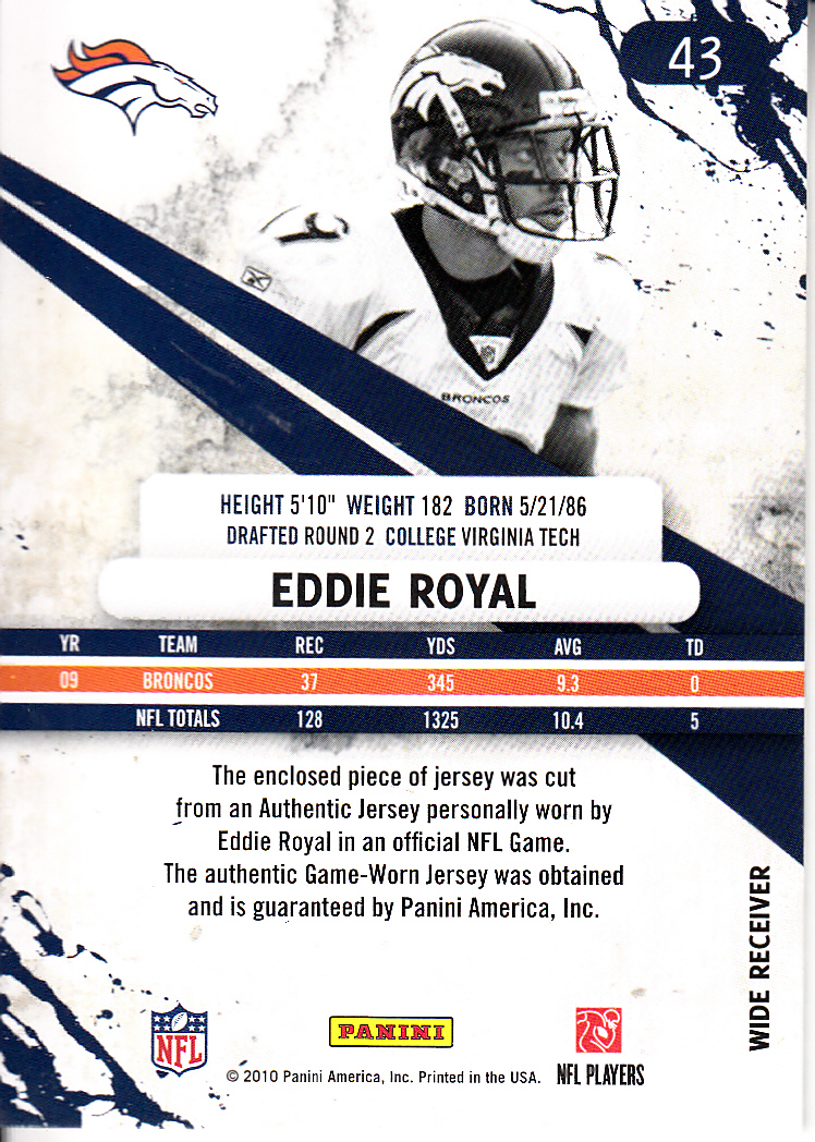 2010 Rookies and Stars Materials Gold #43 Eddie Royal back image