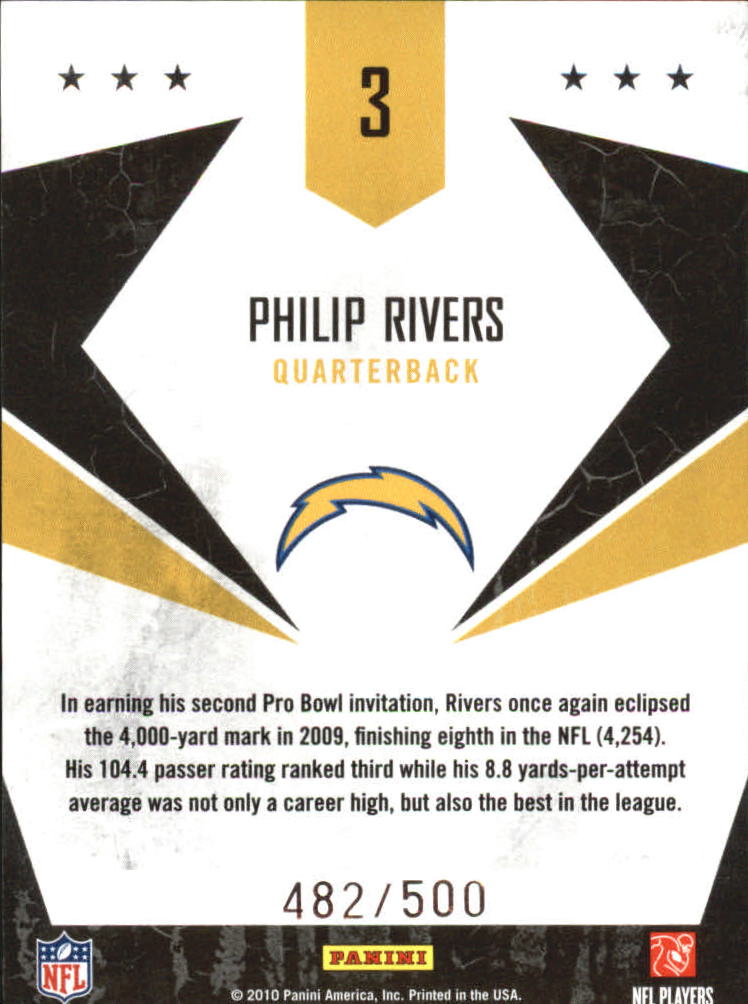 2010 Rookies and Stars Gold Stars Gold #3 Philip Rivers back image