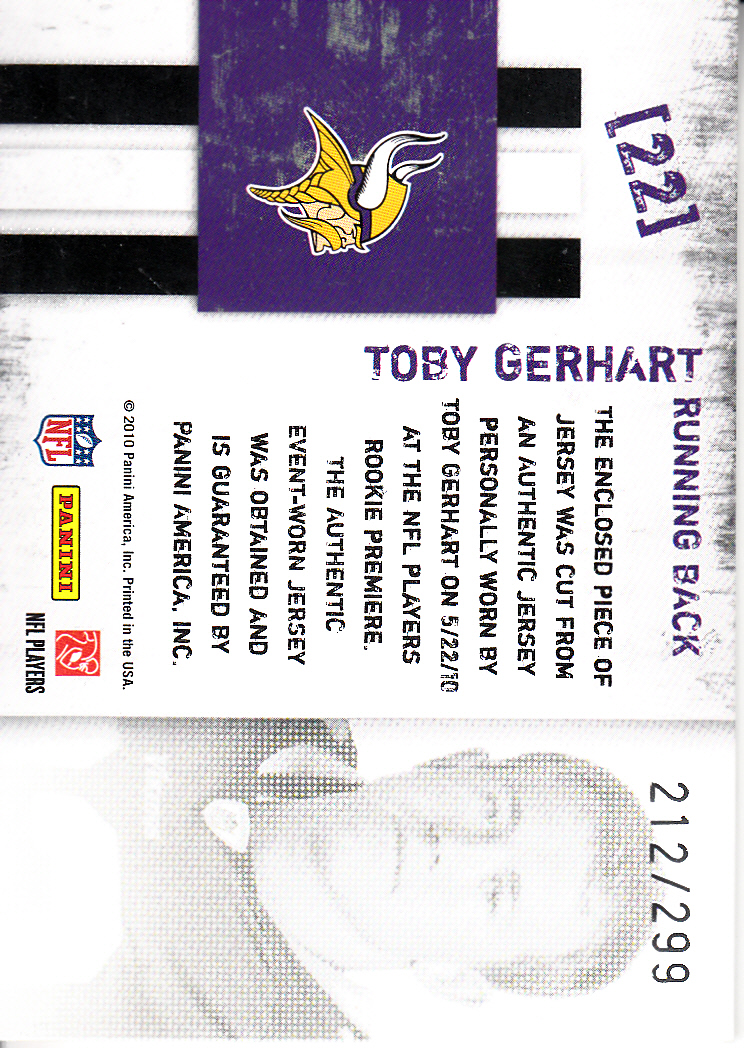2010 Rookies and Stars Freshman Orientation Materials Jerseys #22 Toby Gerhart back image