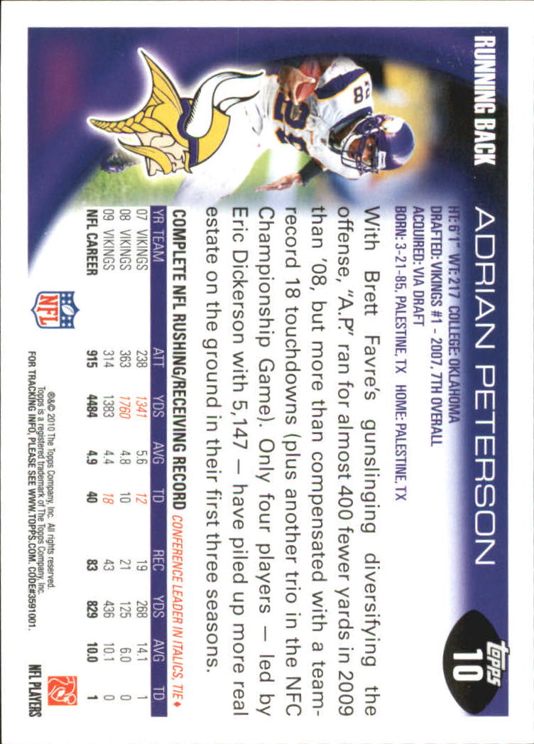 2010 Topps #10 Adrian Peterson back image