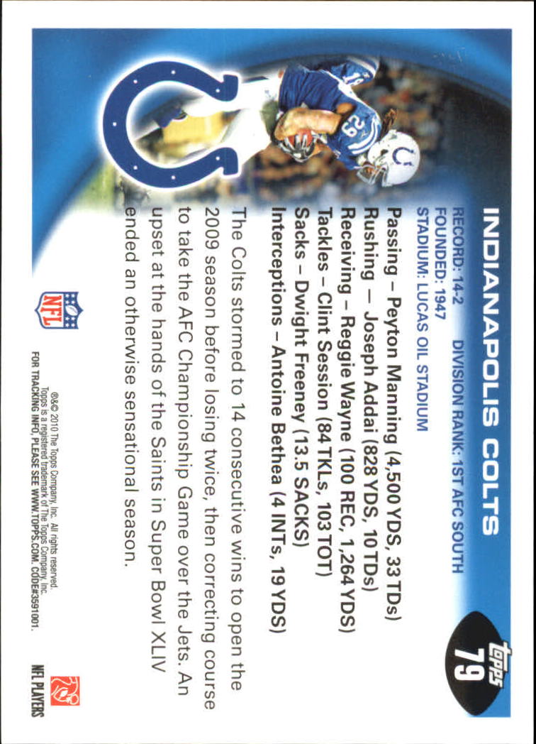 2010 Topps #79 Indianapolis Colts Team/Peyton Manning/Joseph Addai back image