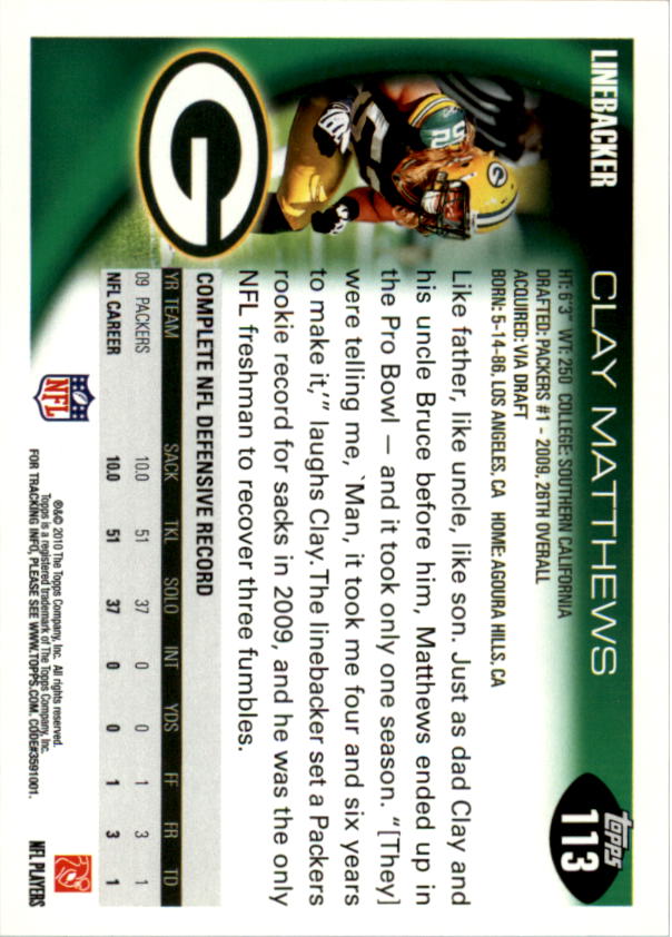 2010 Topps Football "Main Set" Cards #1 to #220 - Picture 221 of 429