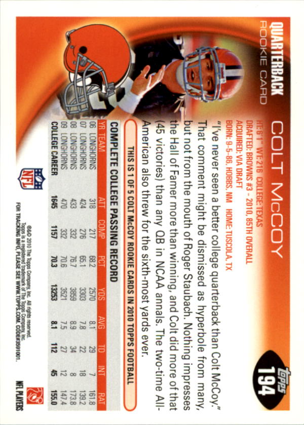 2010 Topps Football "Main Set" Cards #1 to #220 - Picture 377 of 429
