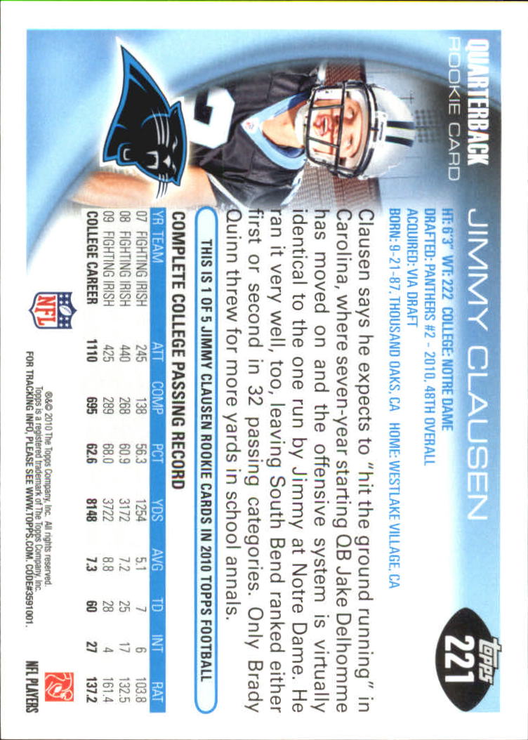 2010 Topps #221A Jimmy Clausen RC/Pointing his finger back image