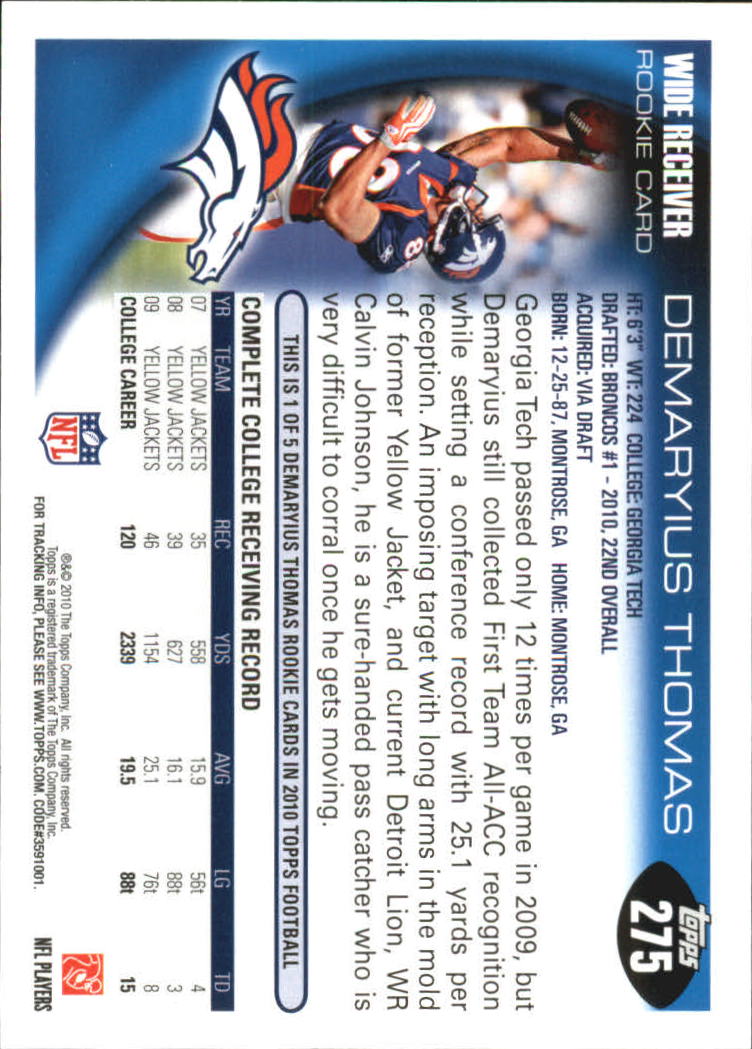 2010 Topps #275A Demaryius Thomas RC/Wearing a helmet back image