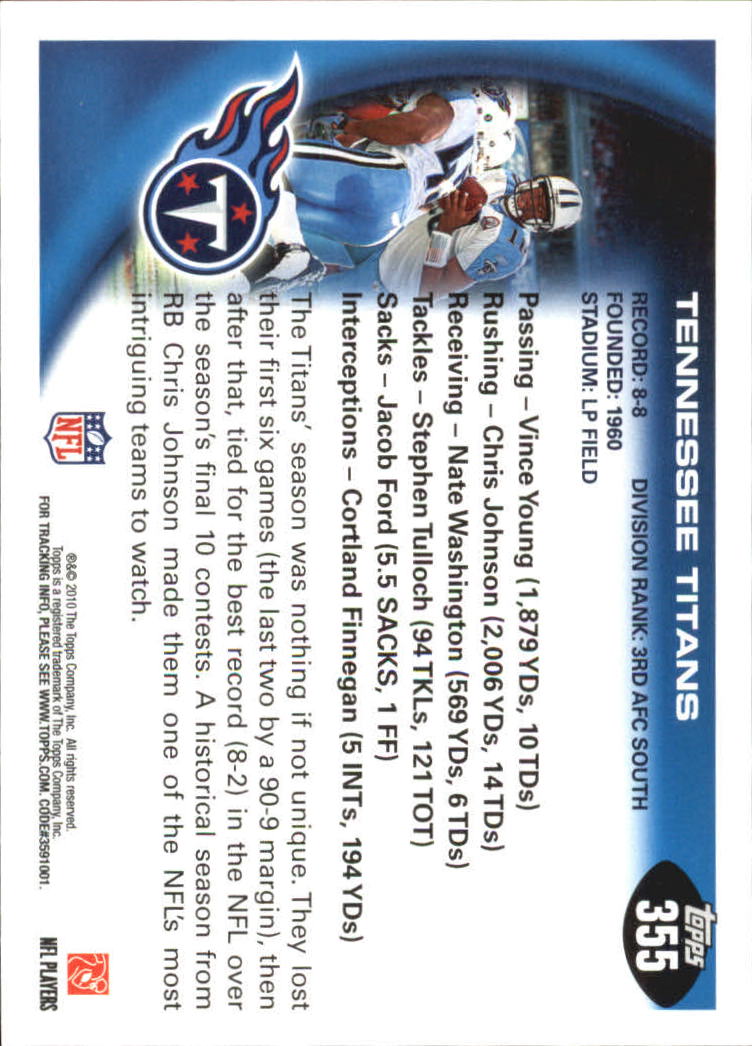 2010 Topps #355 Tennessee Titans Team/Vince Young/Chris Johnson back image