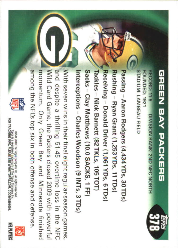2010 Topps #378 Green Bay Packers Team/Aaron Rodgers/Greg Jennings back image