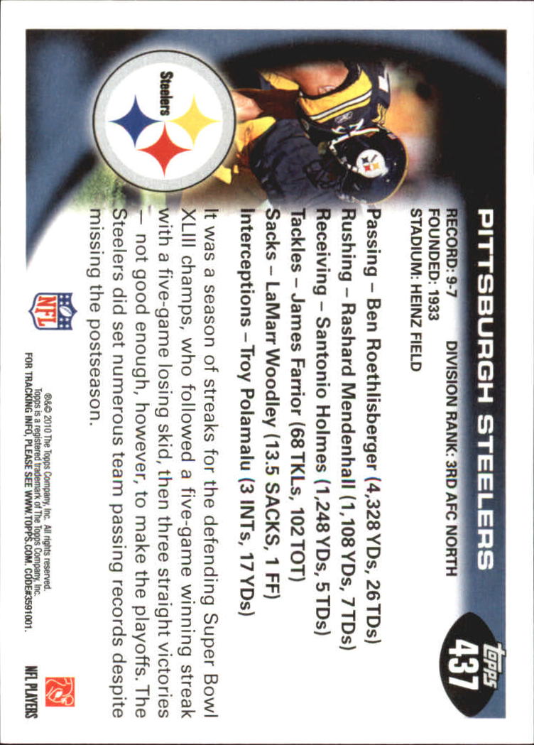 2010 Topps #437 Pittsburgh Steelers Team/Defensive line; James Harrison back image