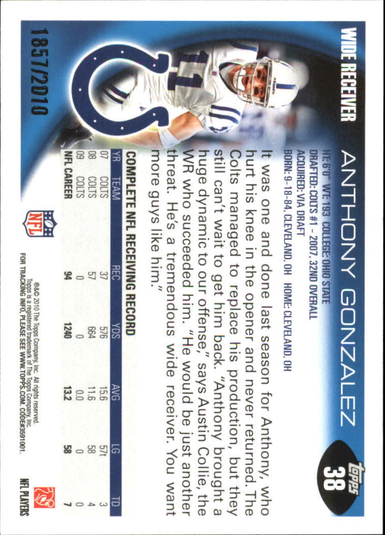 2010 Topps Football "Black - Blue - Gold" Parallel Cards - Picture 29 of 275