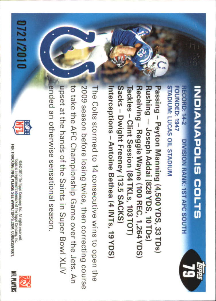 2010 Topps Gold #79 Indianapolis Colts Team/Peyton Manning/Joseph Addai back image