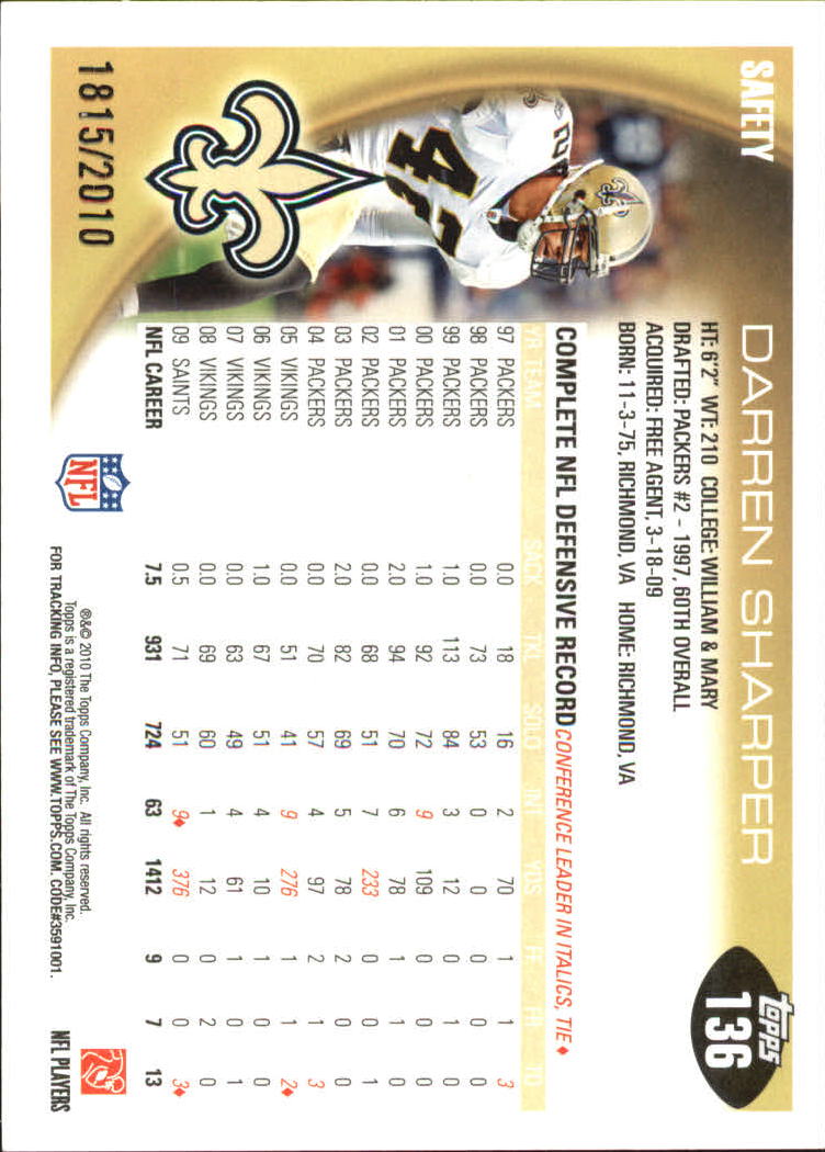 2010 Topps Football "Black - Blue - Gold" Parallel Cards - Picture 77 of 275