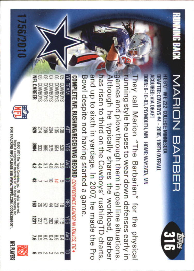 2010 Topps Football "Black - Blue - Gold" Parallel Cards - Picture 205 of 275