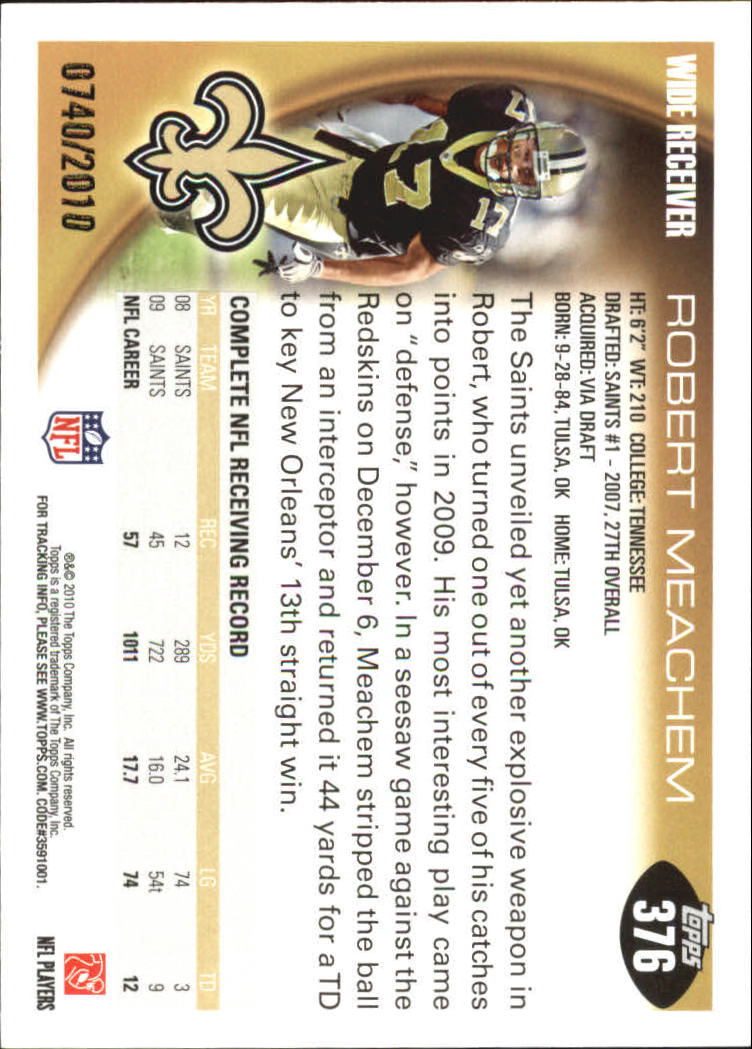 2010 Topps Gold #376 Robert Meachem back image