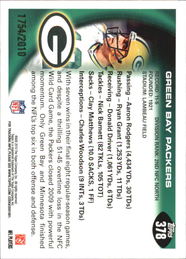 2010 Topps Gold #378 A.Rodgers/G.Jennings TC back image