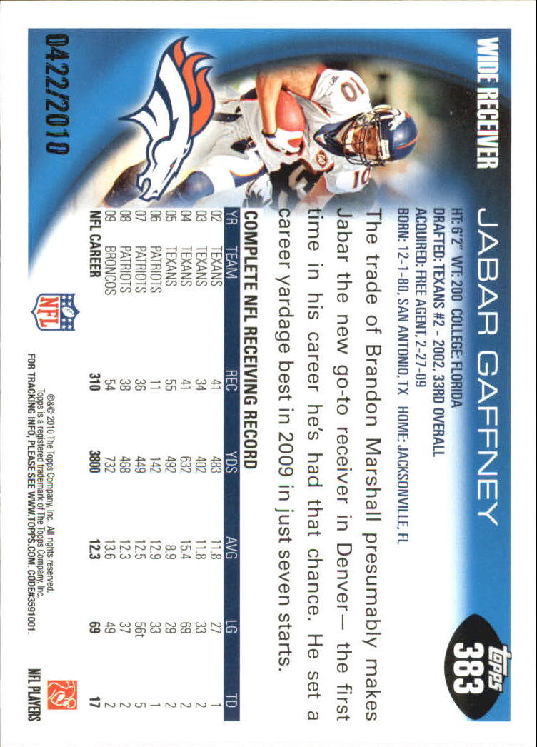 2010 Topps Football "Black - Blue - Gold" Parallel Cards - Picture 251 of 275